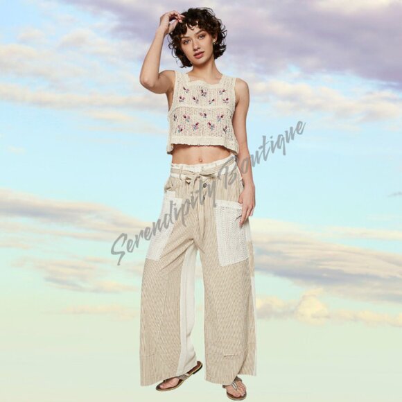 POL Natural Sand Crochet Embroidered Floral Boho Cotton Crop Top - Picture 6 of 9